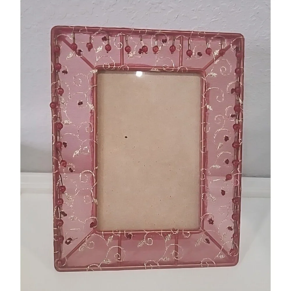 Holds 4x6 Picture Frame Red Mesh Fabric Gold Wire Beaded Accents Boho